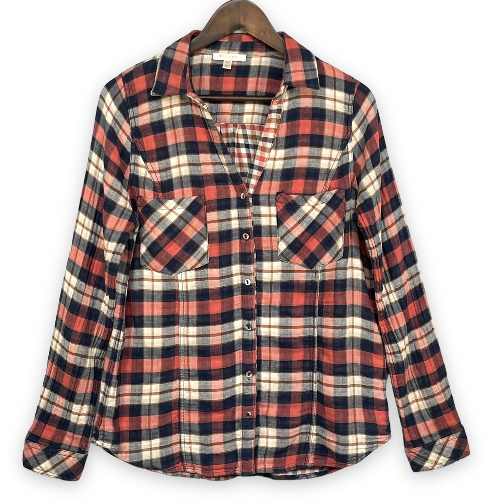 Skies Are Blue Plaid Button Down Women Large Red Blue Cotton Roll Tab Excellent